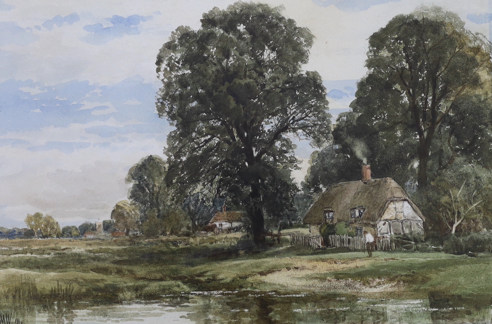 Edmund Morison Wimperis (1835-1900), two watercolours, Thatched cottages beside a pond, and Corn stooks in a landscape, both initialled, 24 x 35cm and 21 x 36cm, frames differ